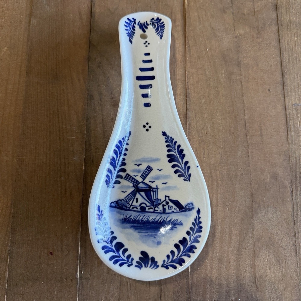 Vintage Delft Blue Hand Painted Ceramic Spoon Rest Holland Windmill 9"